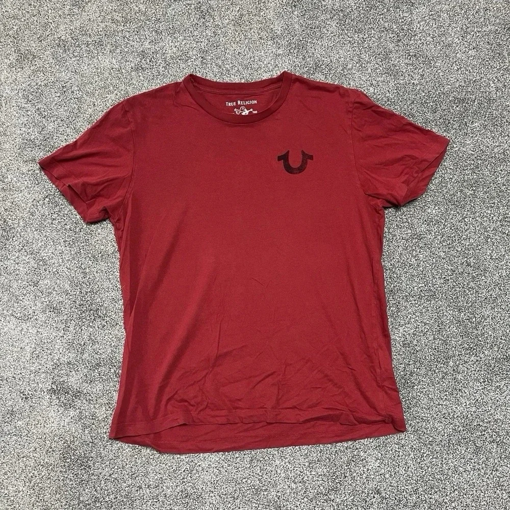 True Religion Horseshoe Logo T Shirt Red Short Sleeve Mens XL Buddha Graphic